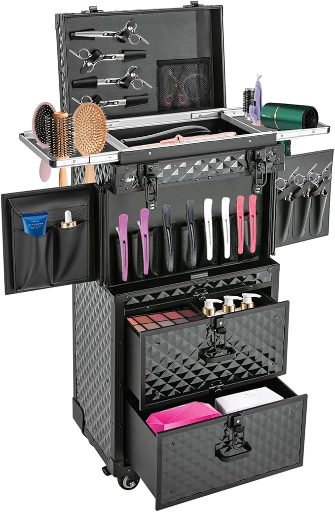 Rolling Lockable Makeup Train Case,Large Cosmetic Organizer Train Case Makeup Travel Case with 360° Swivel Wheels, Trolley Makeup Travel Organizer,Black
