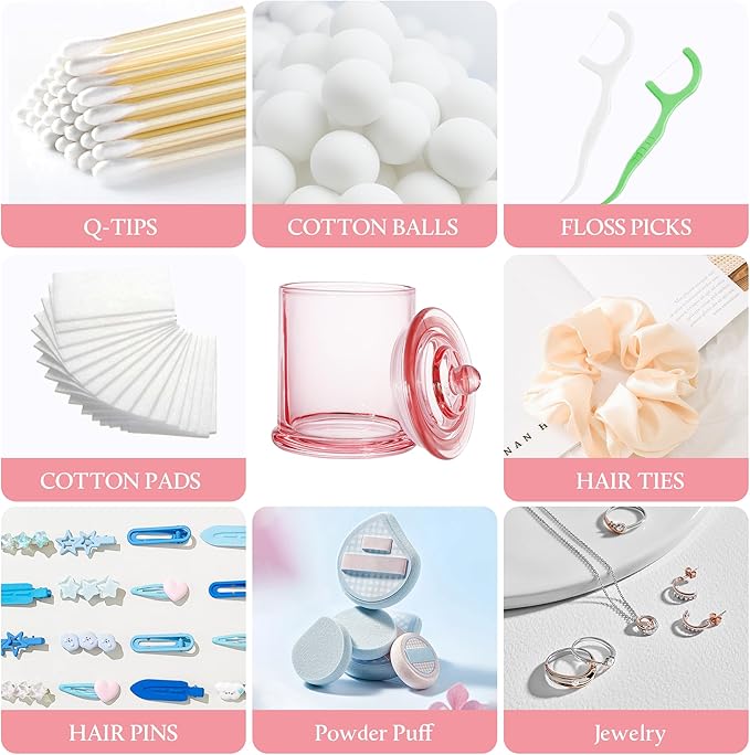2 pack Cotton Buds Holder, Cotton Wool Pads Jar, 16 Oz Glass Qtip Dispenser Holder for Qtips, Swabs,Makeup Sponges (Pink)