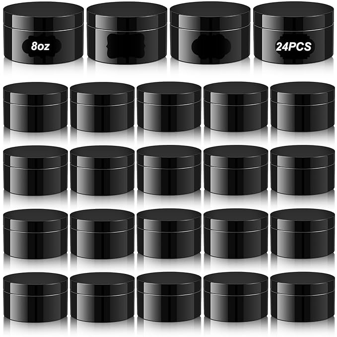 Dandat 24 Pcs 8 oz Plastic Jar Container with Lid and Label Refillable Empty Round Black Pet Cosmetic Sample Slime Containers for Lotion, Cream, Ointments, Body Butter, Makeup, Travel Storage