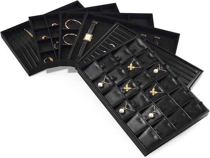 12 Grids Black Leather Jewelry Trays Stackable Jewelry Organizer Trays For Drawer Bracelet Earring Display Watches Brooches Display (Black)