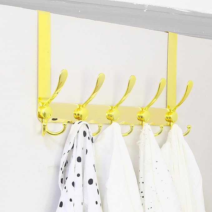 SKOLOO Over The Door Hook - for Doors up to 1-3/4'' Thickness, Metal Door Hanger with 5 Triple Hooks, Over The Door Hanger for Coats, Hats,Towels, Gold, Assembly Required