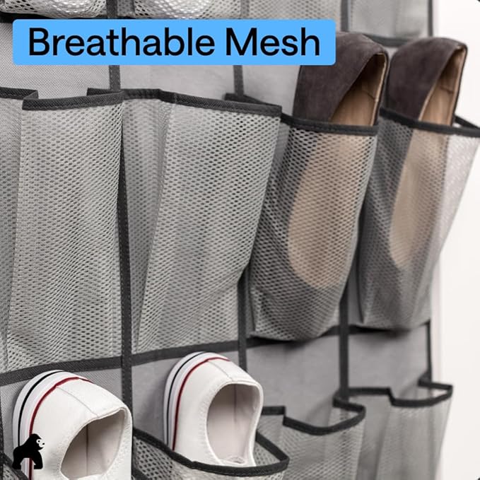 GORILLA GRIP Over the Door Shoe Organizer, 12 Large Breathable Mesh Pockets, Space Saving Hanging Storage Holder, 2 Hook Closet Rack Hanger, Hangs on Closets for Shoes, Accessories, 64H x 9.5W Gray