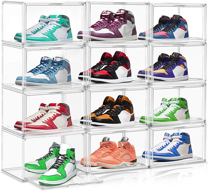 10 Pack Acrylic Shoe Display Case, Size 12 Sneaker Storage Box Stackable Shoe Containers with Magnetic Lid, Clear Shoe Storage Cabinet for Entryway, Closet, Underbed,Hallway, Bathroom, Balcony
