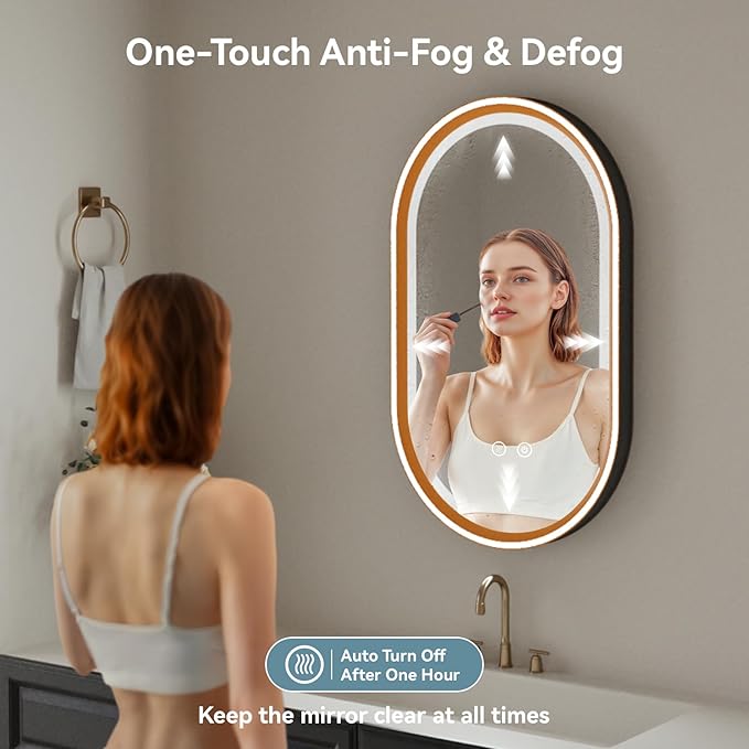 Led Bathroom Mirror with Lights, 20'' x 33'' Oval Heavy Duty Aluminum Frame Bathroom Vanity Mirror with Lights, 3 Colors, Brightness Stepless Dimmable, Anti-Fog, Memory Function, Double LED Orange