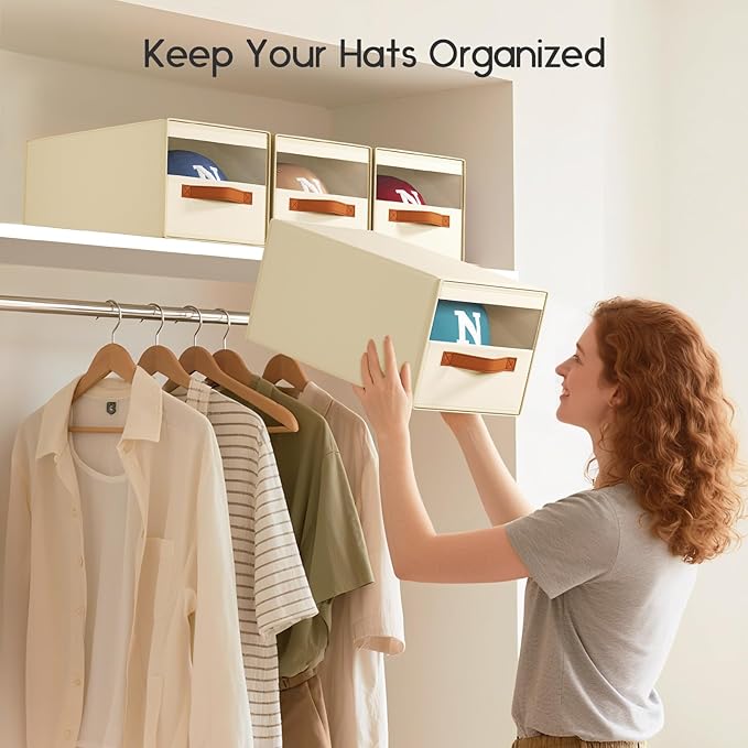 Hat Organizer for Baseball Caps - 3 Pack Pull-Out Drawer Hat Storage Organizer Box with Clear Window, Stackable Closet Cap Holder, Baseball Cap Organizer for Closet, Bedroom, Home, Beige