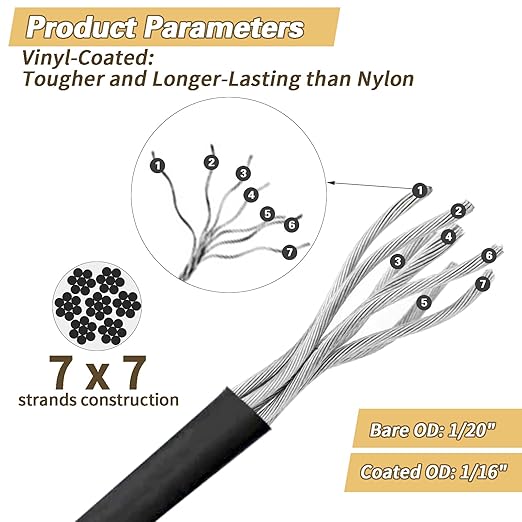 1/16" Black Wire Rope Kit 300FT 304 Stainless Steel Vinyl Coated with M5 Turnbuckles, 7x7 Strand Core Aircraft Cable for String Light, Picture Hanging, Clothesline, Curtain, and Plant Trellis
