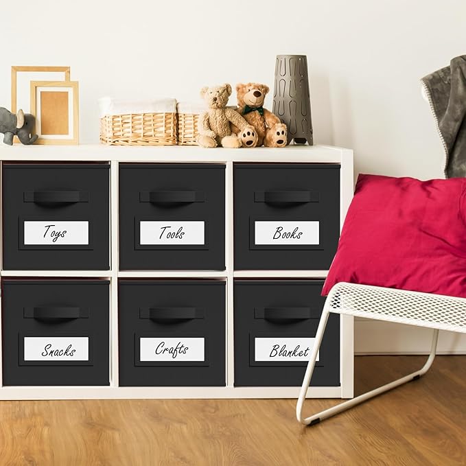 10 Pcs Fabric Storage Cubes with Labels 11 Inch Collapsible Cube Organizer Baskets with Window Cards for Shelf Nursery Clothes Book Toys Storage Bin(Black)