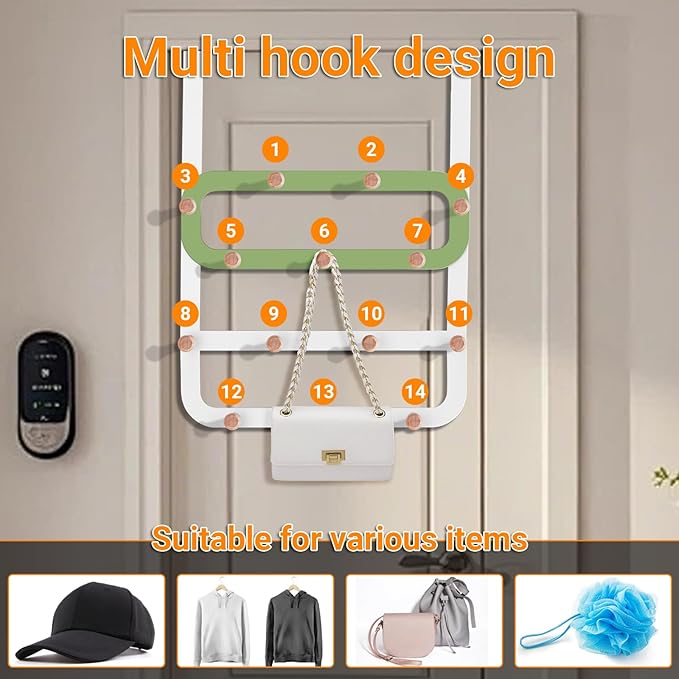 Over Door Hooks,with 14 Door Hooks-Suitable for Bedroom Living Room Bathroom,can Hang Clothes, Towels,Keys,Hats and Bags