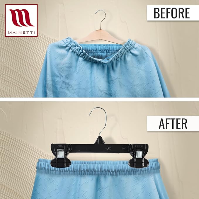 MAINETTI - 6008SMB20 Mainetti 6008 Black Plastic Children's Hangers - 20 Pack with Rotating Metal Hook and Sturdy Plastic Non-Slip Clips, Great for Pants/Skirts/Slacks/Bottoms, 8 Inch