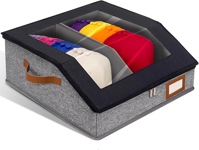 2-in-1 Hat Organizer for Baseball Caps Holds 24-30 Hats Holder for Closet with Clear lid Stackable Hat Storage with Adjustable Space Cowboy Hat Box for Men Women 1 PCS Black and Grey