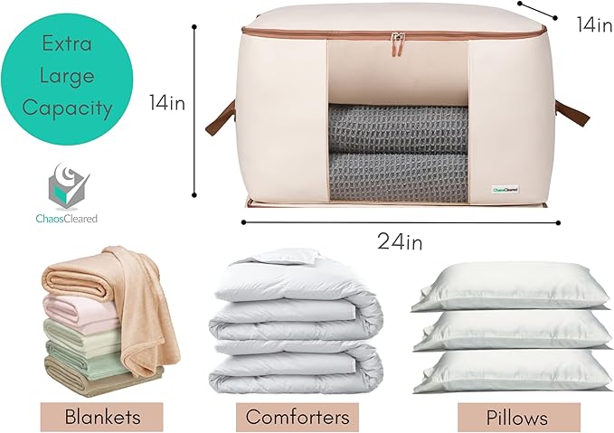 Canvas Storage Bags Designer Organizer for Comforters 2 Pack – Seasonal Storage for Pillows, Blankets, Linens & Garments – Foldable Design with Zip & Window, Moth-Proof Space Saver