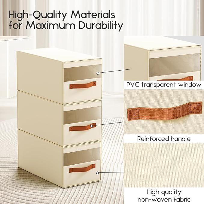 Hat Organizer for Baseball Caps - 2 Pack Pull-Out Drawer Hat Storage Organizer Box with Clear Window, Stackable Closet Cap Holder, Baseball Cap Organizer for Closet, Bedroom, Home, Beige