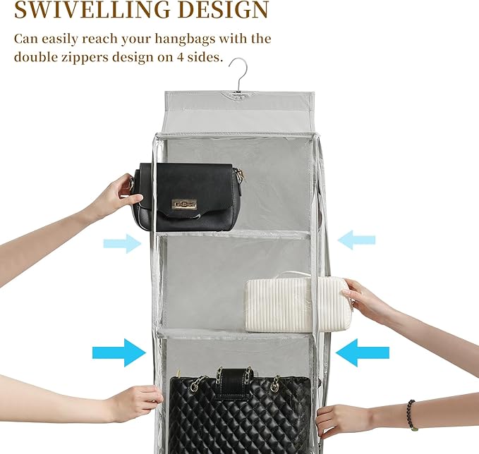 8 Grids in 1 Rotatable Hanging Purse Handbag Organizer with Double Zippers, Visible Purse Organizer for Closet, Fully Enclosed Handbag Storage Holder