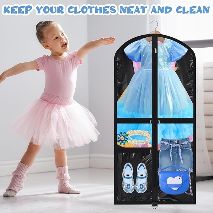 Geelin 14 Pcs Garment Bags for Dance Costumes PVC Clear with Zippers 20 x 40 Inch Garment Bag with Pockets Dance Costume Organizer Carrier for Storage Cover for Adult(Translucent Black)