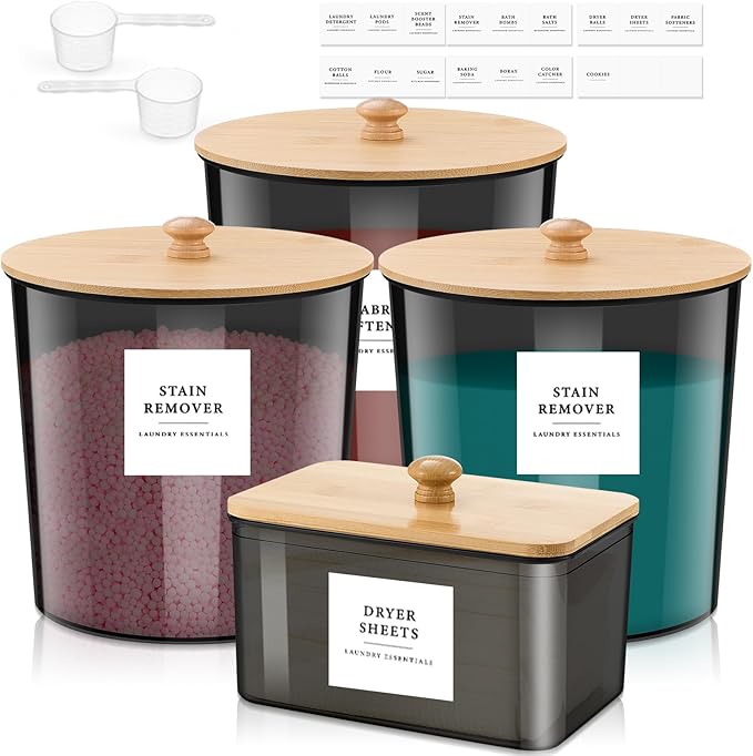 3+1 Pack Laundry Pods Container & Dryer Sheet Holder with Lids, Scoops & Labels - Plastic Laundry Storage Jars for Powder, Pods, Detergent, Room Organization