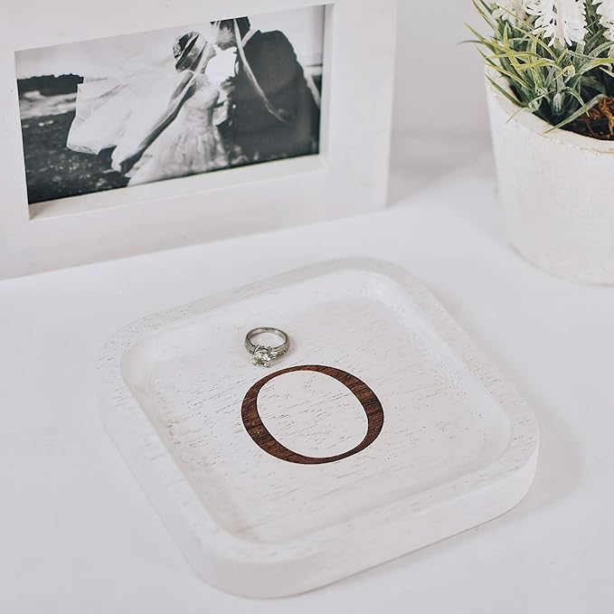 I'm Wooden Personalized Letter Catchall Valet Tray Trinket Dish Jewelry Tray Key Bowl Decorative Plate Organizing Ring Earrings Necklaces Bracelet Watch Coins Wallet Holder (6"x6" Sq White O)