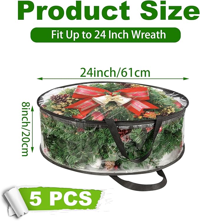 SHUESS 5 Pack Clear Wreath Storage Bags, 24 x 8 Inch Christmas Wreath Storage Container, Heavy Duty PVC Wreath Protector with Dual Zippered and Reinforced Handle for Holiday Seasonal Wreath Garland