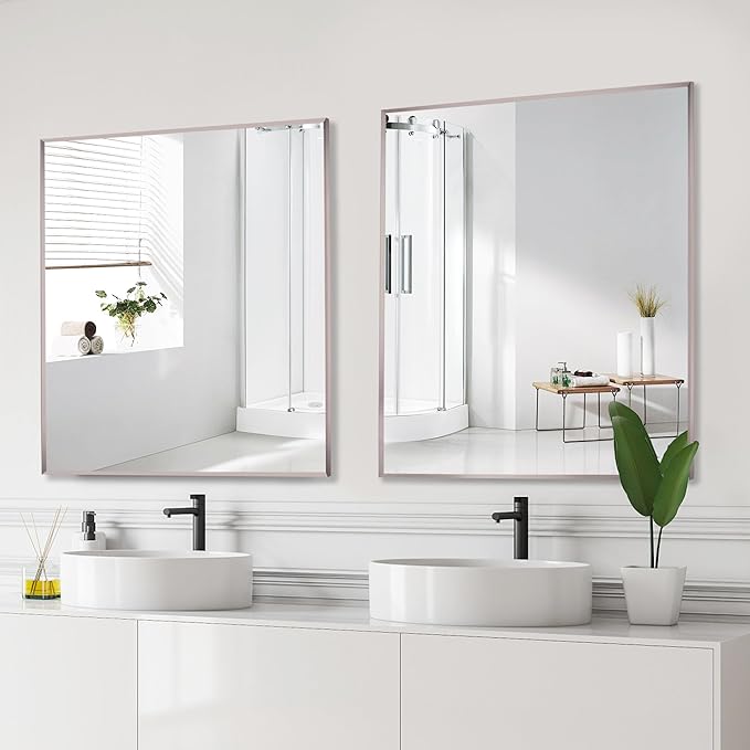 24x30 Inch Pewter Bathroom Mirror for Wall, Aluminum Frame Rectangle Rectangular Vanity Mirror, Modern Large for Bedroom, Living Room, Horizontal or Vertical
