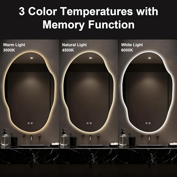 Asymmetrical Bathroom Mirror with Lights,Irregular LED Bathroom Vanity Mirror with Backlit,Anti-Fog,3 Colors and Dimmable Light with Memory,Hardwired Supported[Horizontal/Vertical] 48" H x 30" W