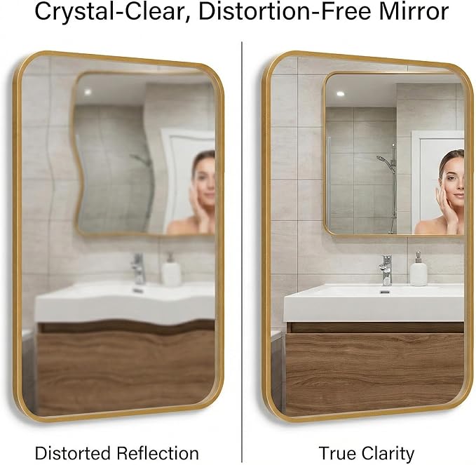 2 Pack Bathroom Mirrors for Over Sink, 24"x36" Gold Framed Vanity Mirror, Rounded Corner Rectangular Metal Mirror for Wall, Mid Century Modern Decor