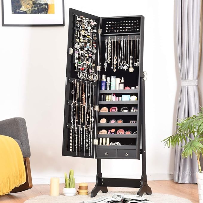 Giantex Lockable Standing Jewelry Armoire with Full Length Mirror, Large Storage Capacity Jewelry Cabinet Organizer with 2 Drawers, 4 Angle Adjustable, Extra Wide Mirror for Women Girls (Black)