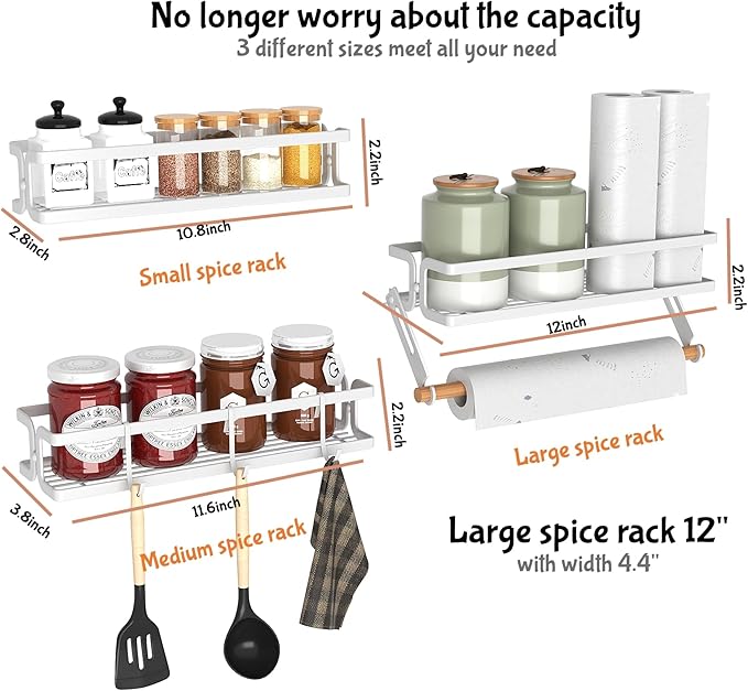 3 Pack Spice Rack Wall Mount With Paper Towel Holder and Hooks, Screw or Adhesive Hanging Spice Shelf,Space Saving Spice Organizer for Seasonings, Spice Racks for Stove,Cabinet, Pantry,White