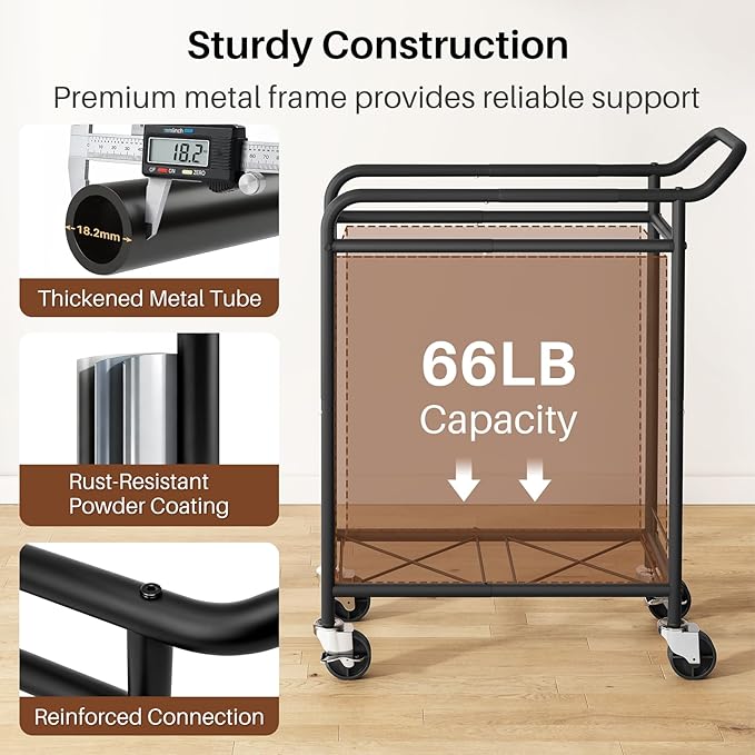 Laundry Basket with Wheels,114L Large Rolling Laundry Hamper, Heavy-Duty Laundry Cart Sturdy Metal Frame with Handle, Minimizes Bending Easy Access Clothing for Bedroom, Bathroom, Laundry Room (Black)