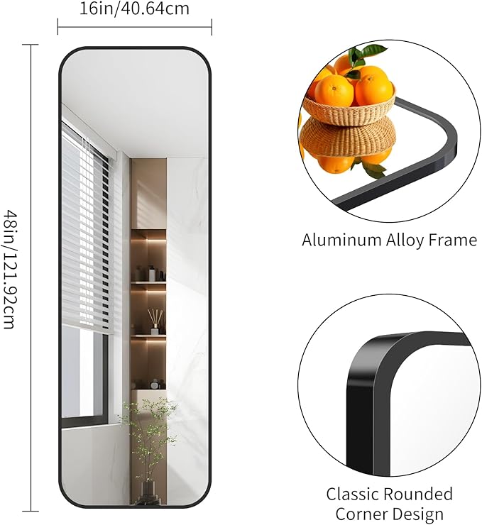 FORBATH Bathroom Mirror 48" x 16", Rectangle Black Bathroom Mirror with Black Aluminum Frame Rounded Corner, Wall Mounted Mirror for Bedroom Entryway Living Room