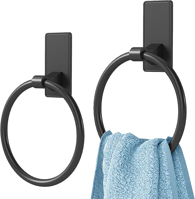 Towel Ring, SUS304 Hand Towel Holder for Bathroom，Matte Black Towel Holder Bathroom Adhesive Towel Hanger for Bathroom, Kitchen, 2 Pack