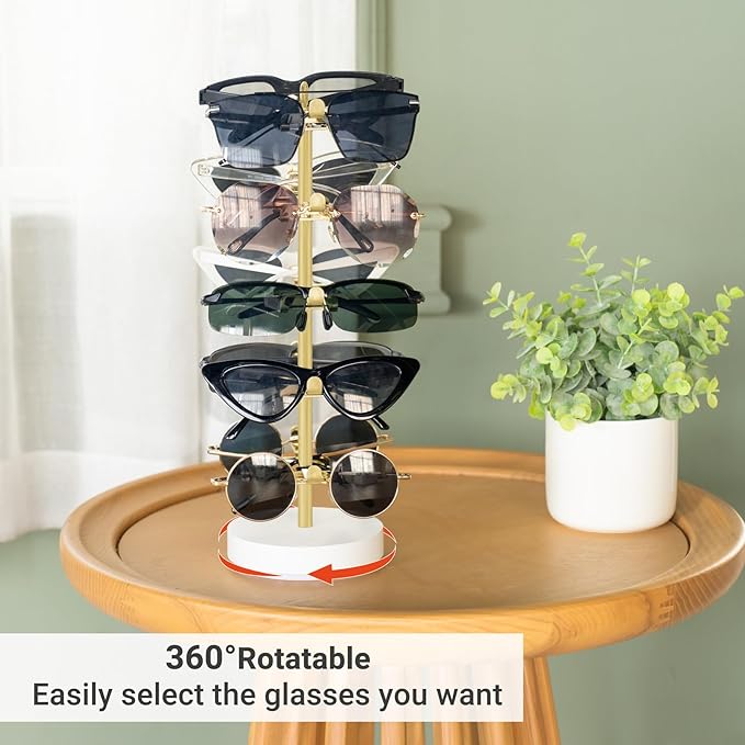 Mkono 360° Rotating Sunglasses Organizer Metal Eyeglass Holder Stand Sunglass Storage Display Eyeglasses Rack for up to 10 Pairs of Eyewear Glasses for Table Dresser Desk Countertop Bedroom, Gold