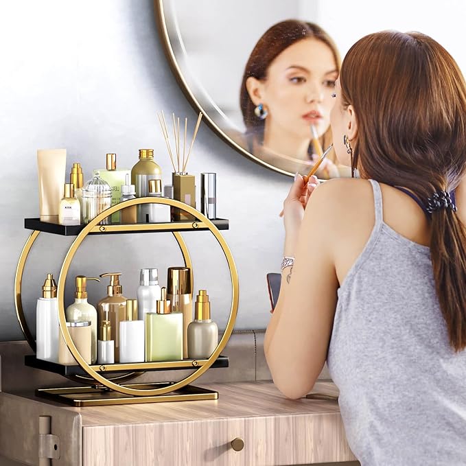 Makeup Organizer for Vanity, Black Gold Perfume Organizer for Dresser, 2-Tier Bathroom Countertop Organizers, Bathroom Counter Shelf Skincare Holder Perfume Tray Cosmetic Display
