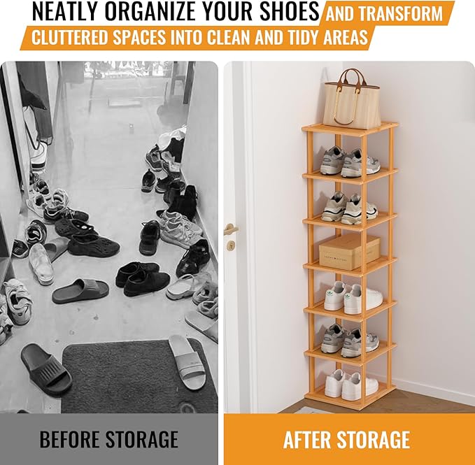 Bamboo Free Standing Shoe Rack Shelf Multi Tier Tall Wooden Stackable Shoes Rack Organizer for Closet Front Door Entrance Narrow Vertical Shoe Storage (Nature, 7 Tiers)