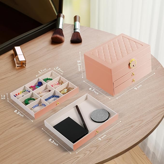 3 Layer Jewelry Box, Jewelry Holder with Lockable Drawer, Large Jewelry Boxes & Organizer with Velvet Earring Holder, Gifts for Mom Women