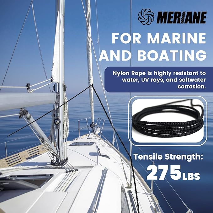 MERIANE Black Nylon Rope 1/8inch 100FT – Multipurpose Solid Braided Rope – Ideal Use for Camping, Clothesline, Marine, Flag Line – Abrasion & UV Resistant – Shock Absorption Rope for Indoor Outdoor