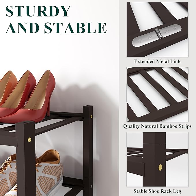 Smiry Bamboo Shoe Rack for Closet, 4 Tier Wooden Stackable Shoe Organizer, Free Standing Shoes Storage Shelf for Entryway, Front Door Entrance, Brown