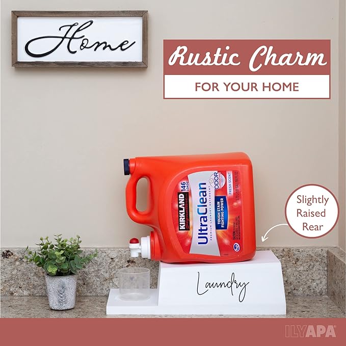 Ilyapa Wooden Detergent Holder, Liquid Detergent Dispenser Stand for Fabric Softeners, Laundry Room Countertop Decor, White Soap Containers Station Organizer