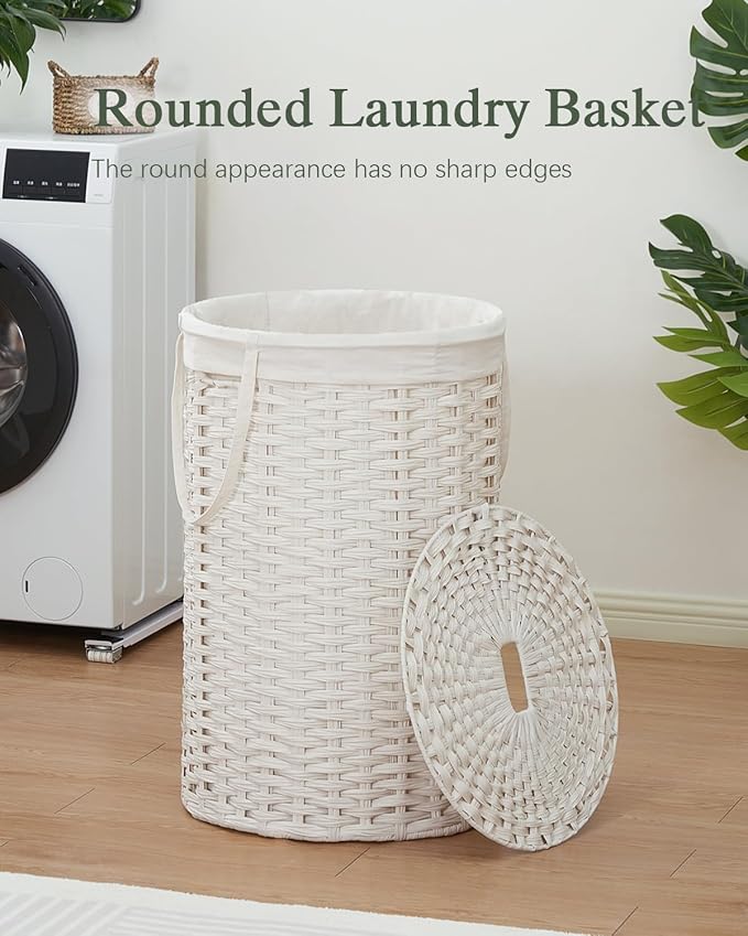 34.3 Gal (130 L) Large Laundry Hamper Laundry Basket Round Handwoven Wicker Laundry Baskets Rattan Laundry Basket with Removable Bag Handles 2 Mesh Bags for Living Room Bedroom White (No Lid)