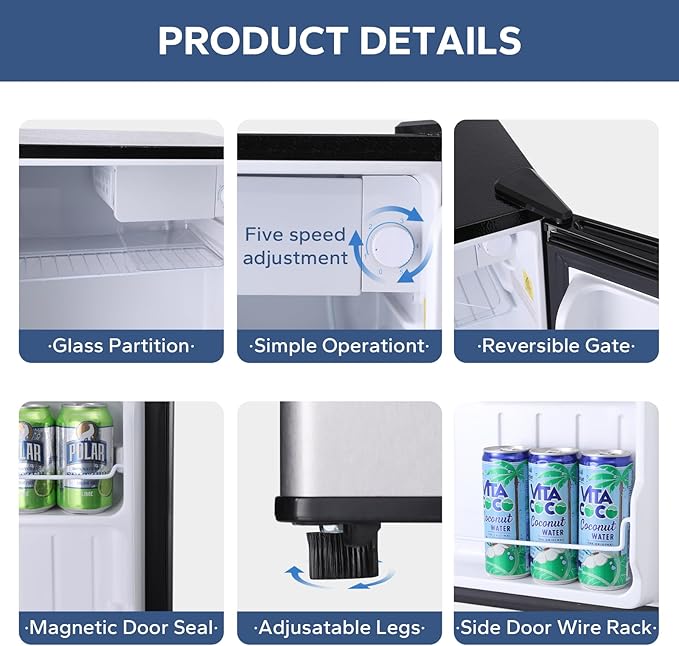 BANGSON 1.6 Cu.Ft Mini Fridge with Freezer, Energy Saving Low Noise Compact Refrigerator for Snacks Drinks Food Storage,Ideal for Office,Dorm,Bedroom,Apartment,Silver