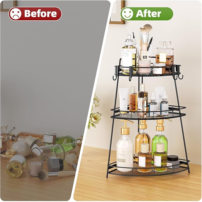 VITVITI 3 Tier Corner Bathroom Counter Organizer, Metal Bathroom Countertop Organizer Shelf Storage, Bath Room Sink Makeup Organizers for Vanity Skincare with Hooks, Black