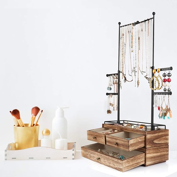Olakee Jewelry Organizer - 2 Layer Wooden Jewelry Drawer Storage Box with 6 Tier Jewelry Tree Stand, Jewelry Display for Necklaces Bracelet Earring Ring (Carbonized Black)