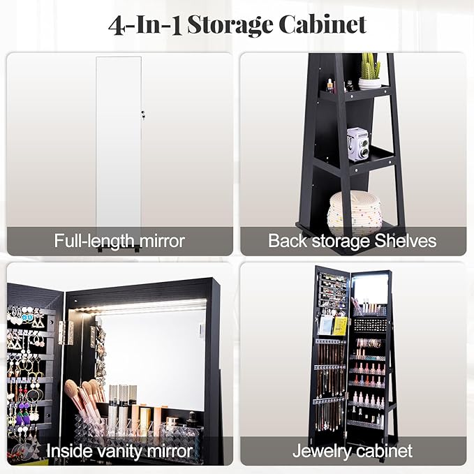 GOFLAME Jewelry Cabinet with Full Length Mirror, Lockable Jewelry Storage Organizer with Wheels, 3-Color LED Lights, Inner Mirror, Freestanding Jewelry Armoire with Rear Storage Shelves, Black
