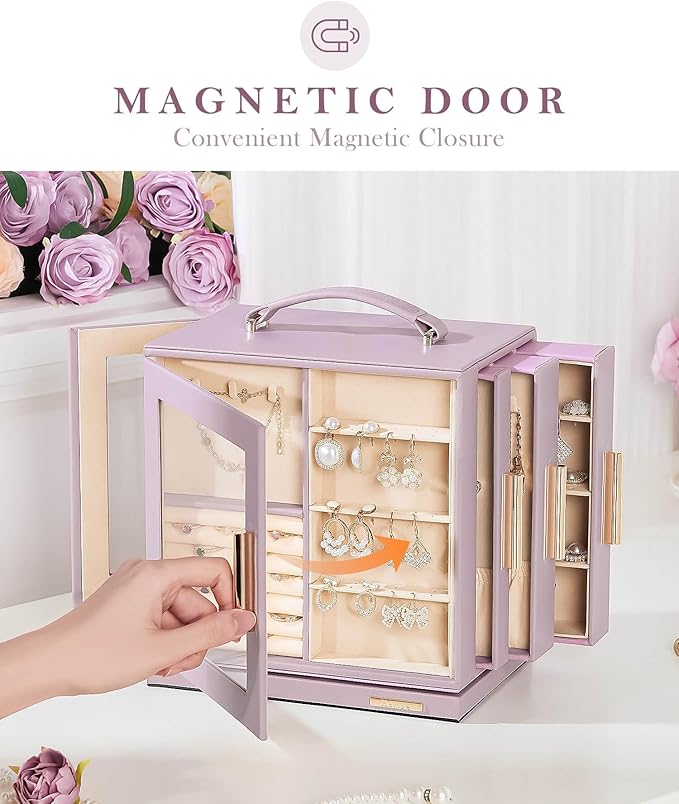 Homde Valentine's Day gifts Jewelry Box 360° Rotating, Necklace Earring Organizer with Transparent Window, Mirror, 7 Drawers, Large Ring Display Storage Case for Girls Women (Grey Purple)