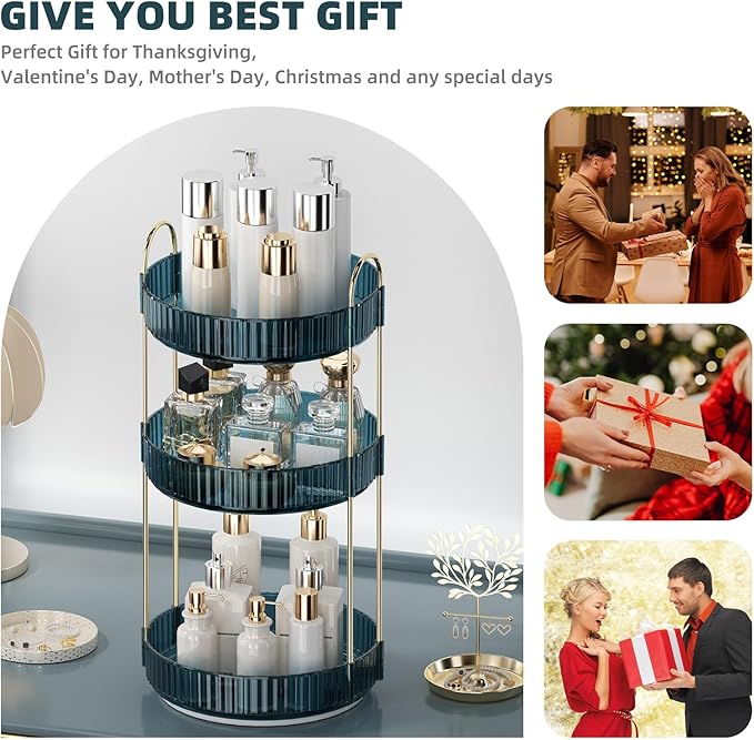 360 Rotating Makeup Organizer for Vanity, Bathroom Countertop Organizer Spinning Perfume Organizer, High-Capacity Cosmetic and Skincare Dresser Make Up Holder Rack (3 Tiers, Blue)