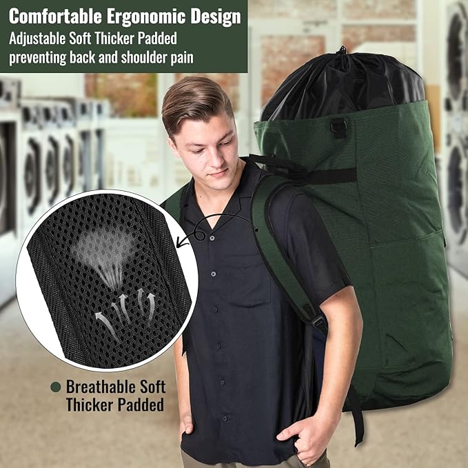 Laundry Bag Backpack, 125L Extra Large Laundry Backpack with Shoulder Straps, Adjustable Extendable Laundry Hamper Bag with 3 Pockets for College, Travel, Camping (Army Green)