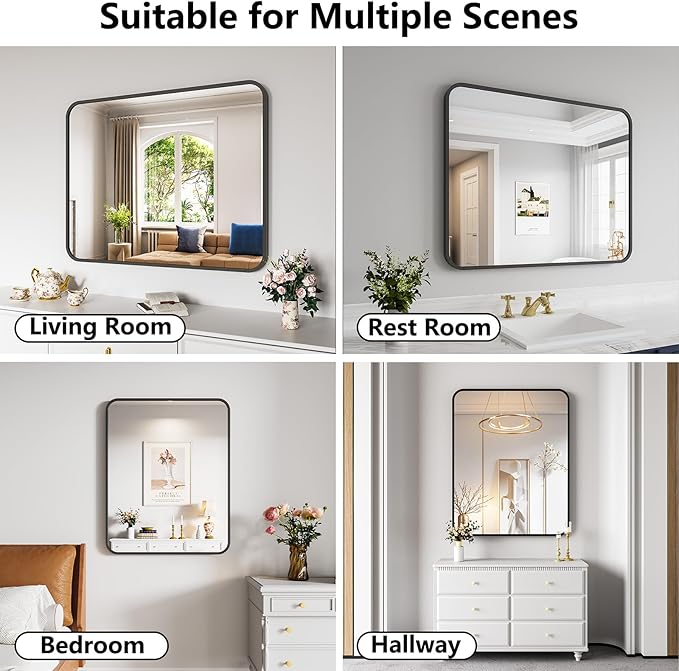 Koonmi Bathroom Mirror, 40X32 Brushed Black Metal Framed Wall-Mounted Mirror for Over Sink, HD Tempered Glass, Anti-Rust, Rounded Rectangle Mirror for Restroom, Bedroom, Hangs Horizontal or Vertical