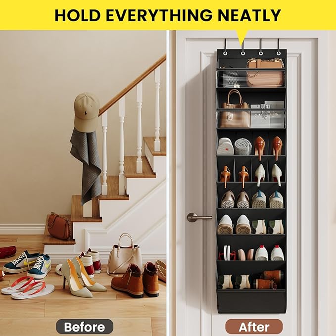 8 Tier Clear Over the Door Shoe Organizer with Deep Pockets, Door Shoes Rack with hard Cardboard and Tubes to Keep the Shape, Hanging Shoe Rack for Closet Organizers, Shoe Holder Black