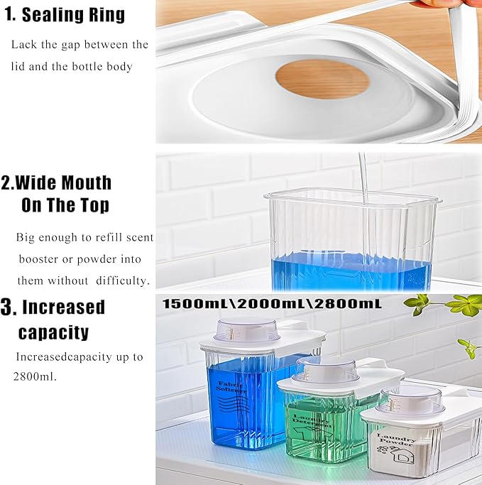 [2 Pack] Laundry Detergent Dispenser for Laundry Room Organization and Storage, 2800ml Laundry Soap Dispenser，Liquid Laundry Detergent Dispenser with 4 Removable Labels, BPA Free & Pet Plastic, Clear