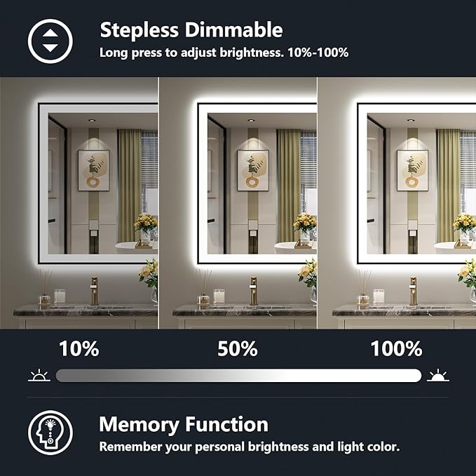 51x40 Inch LED Bathroom Mirror with Lights (Front Lit and Backlit) Black Framed Lighted Vanity Mirror for Bathroom Wall Dimmable Anti-Fog Memory Tempered Glass Horizontal/Vertical