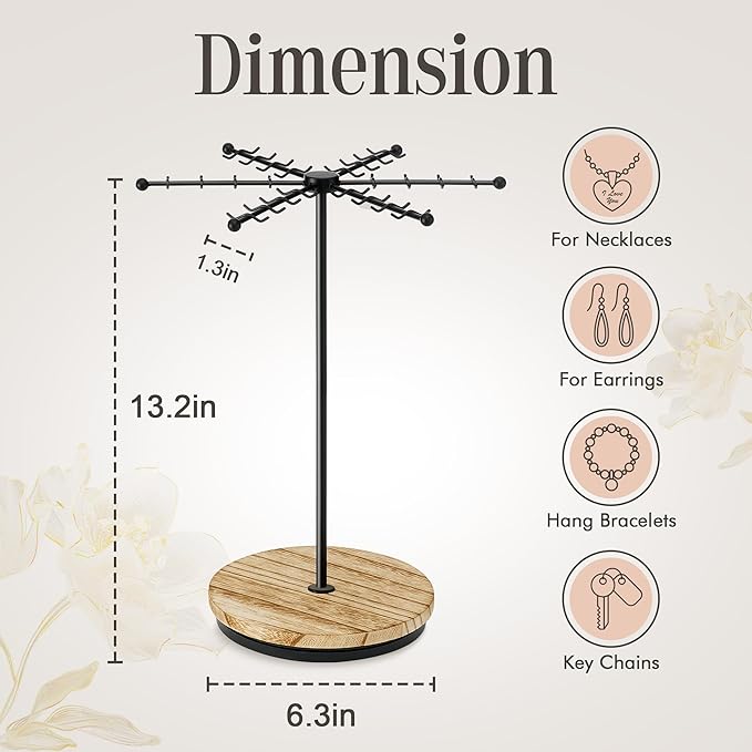 Necklace Holder Jewelry Stand, Rotating Necklace Holder Organizer with 48 Hooks for Necklace Earring Keychains Bracelet Display Stand, Metal Necklace Tree Stand -Gifts for Women (Black)