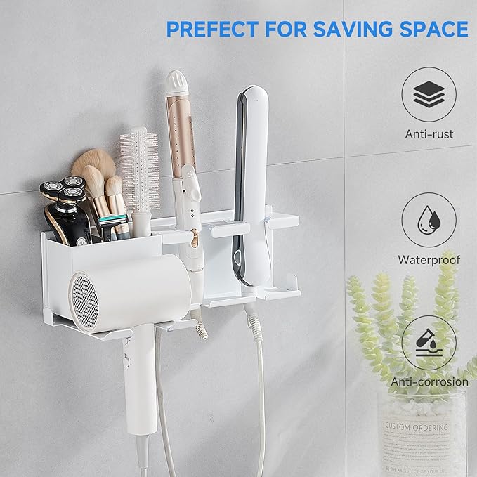 Hair Tool Organizer Wall Mounted,Hair Dryer Holder,blow dryer,curling iron,Straightener holder,Metal 3 in 1 Bathroom Bedroom Hair Accessories Tools Organizer Rack.White